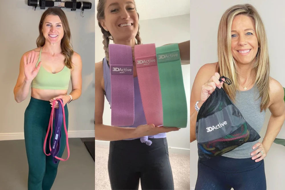 Collage of three women holding resistances bands and smiling to the camera.