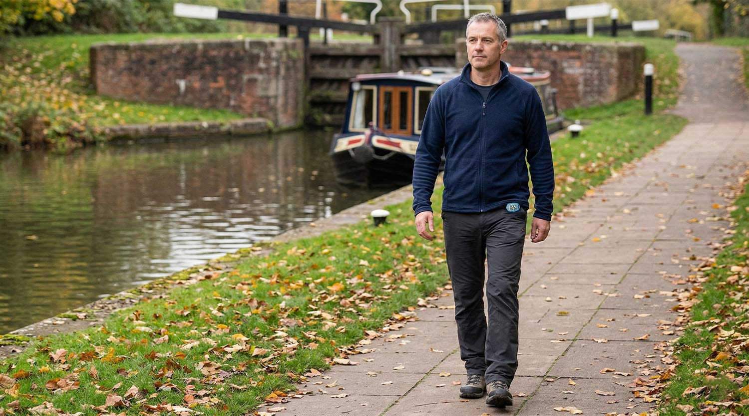 UK adult walking gently on a flat park path with a 3DFitBud pedometer clipped to their waistband for knee pain management