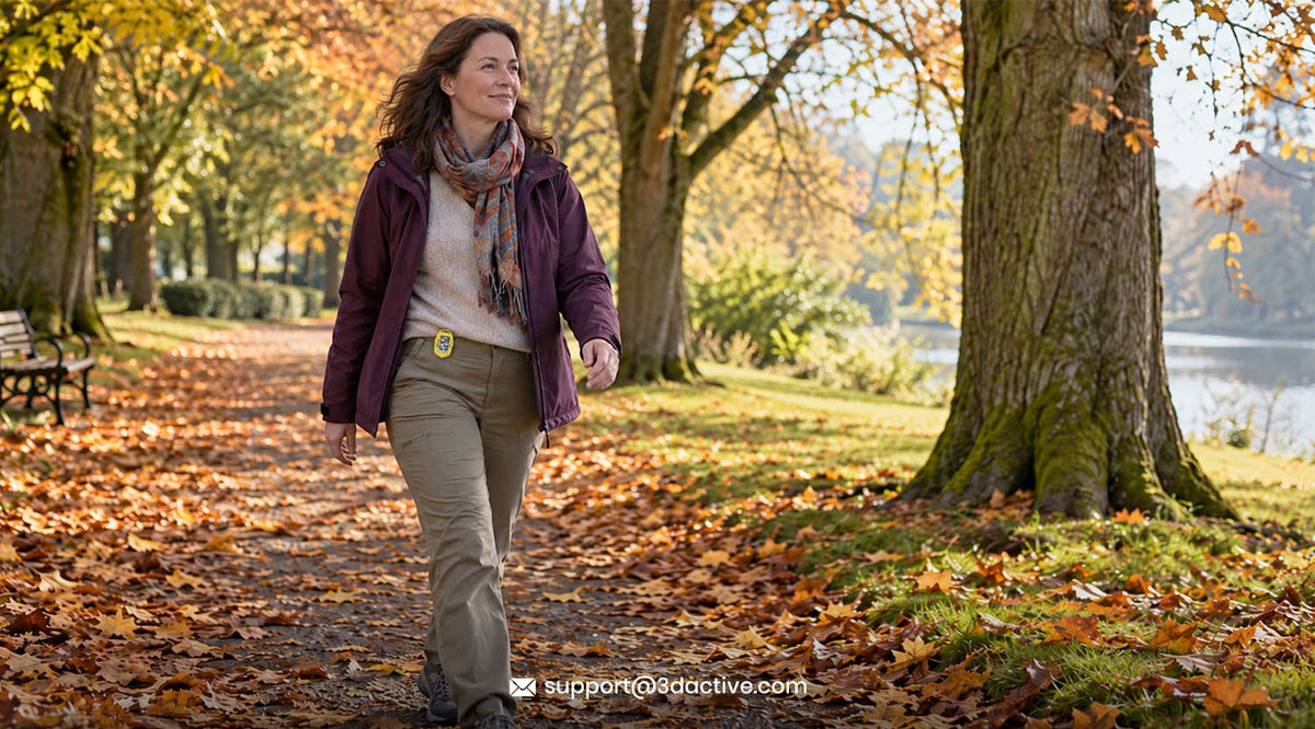 UK adult taking an autumn morning walk with 3DFitBud step counter to support sleep after clocks go back