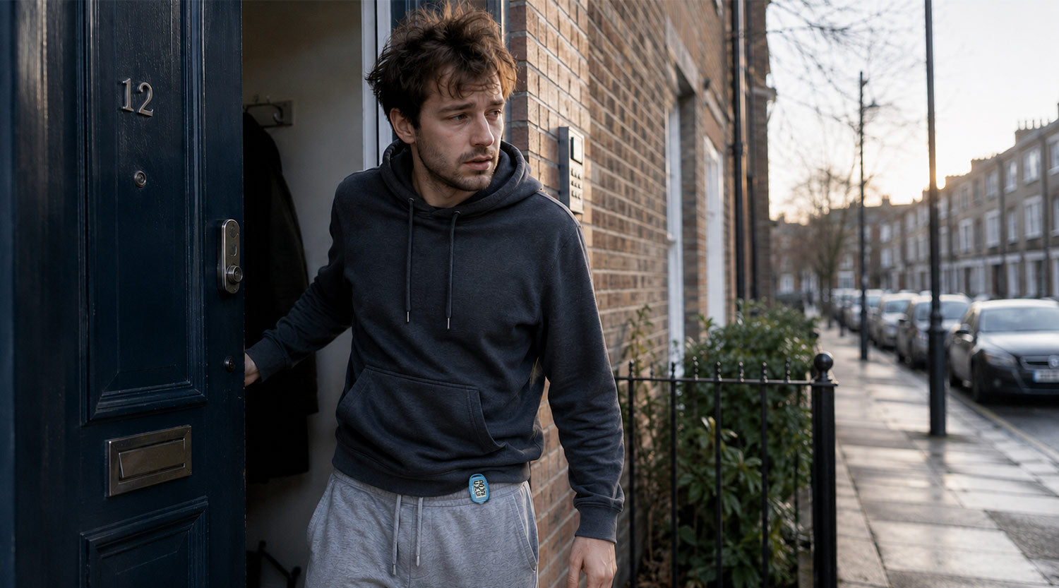 Tired young UK adult stepping out of flat door for morning walk with 3DFitBud step 