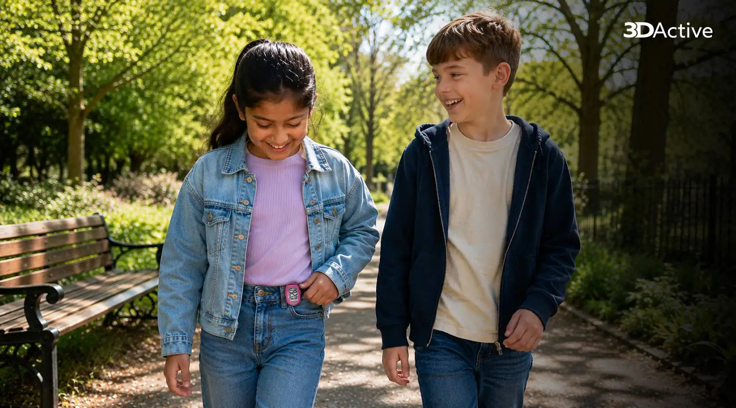  Two children laughing & walking in a UK park with a clip-on pedometer on a sunny spring day