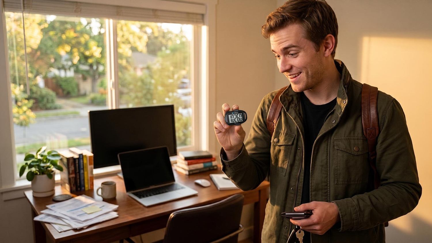 Young UK remote worker standing at home desk with 3DFitBud step counter checking daily steps